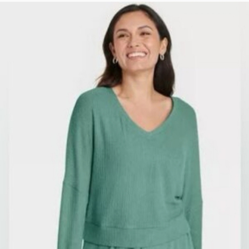 Auden Lake Blue V-Neck Lounge Ribbed Sweater Sz L NWT